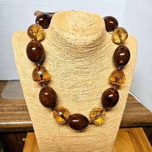 Brown Ceramic and Gold Crackle Beaded Necklace